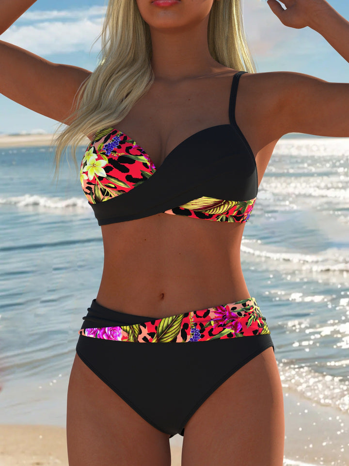 Damen Balconette-Bikini mit trendy Palmendruck und eleganter Ring-Detaillierung Drune
