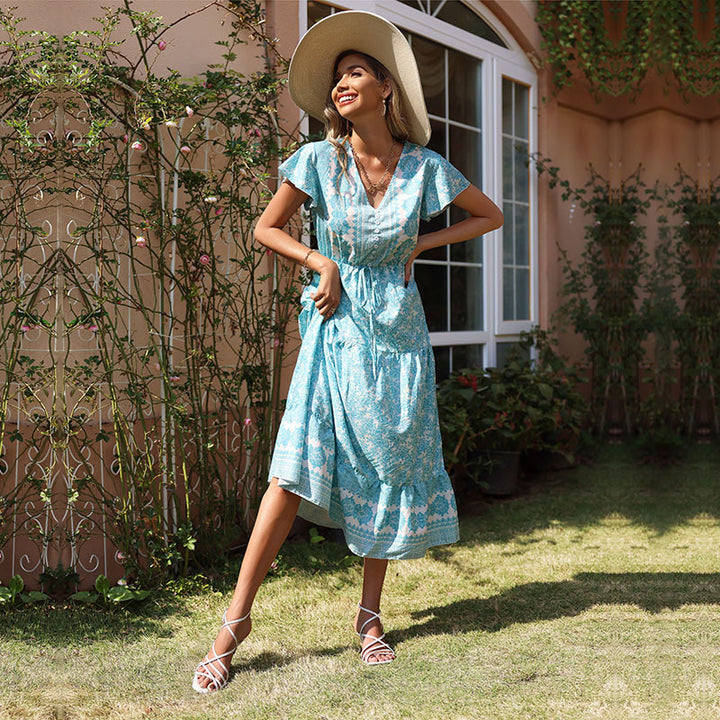 Damen sommerliches Maxikleid mit floralem Schnitt und Rüschendetails Drune