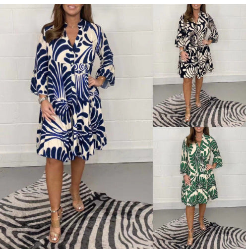 Damen Luftiges Midi-Kleid mit floralen Mustern und durchgehendem Knopfverschluss Drune