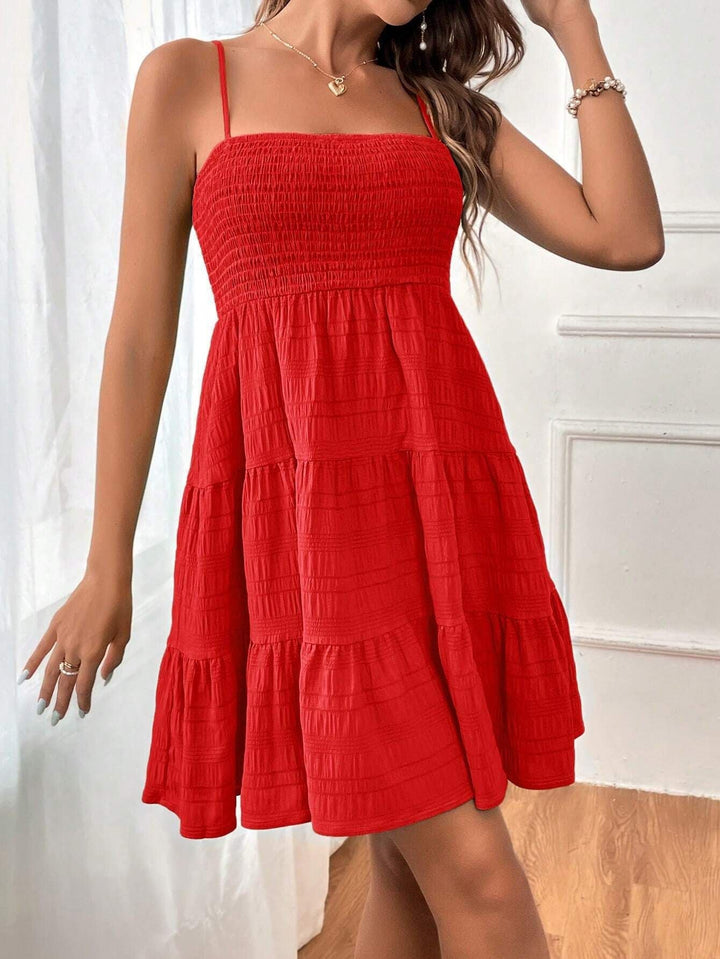 Damen lässiges Trägerkleid mit voluminösem Rock und geripptem Oberteil Drune
