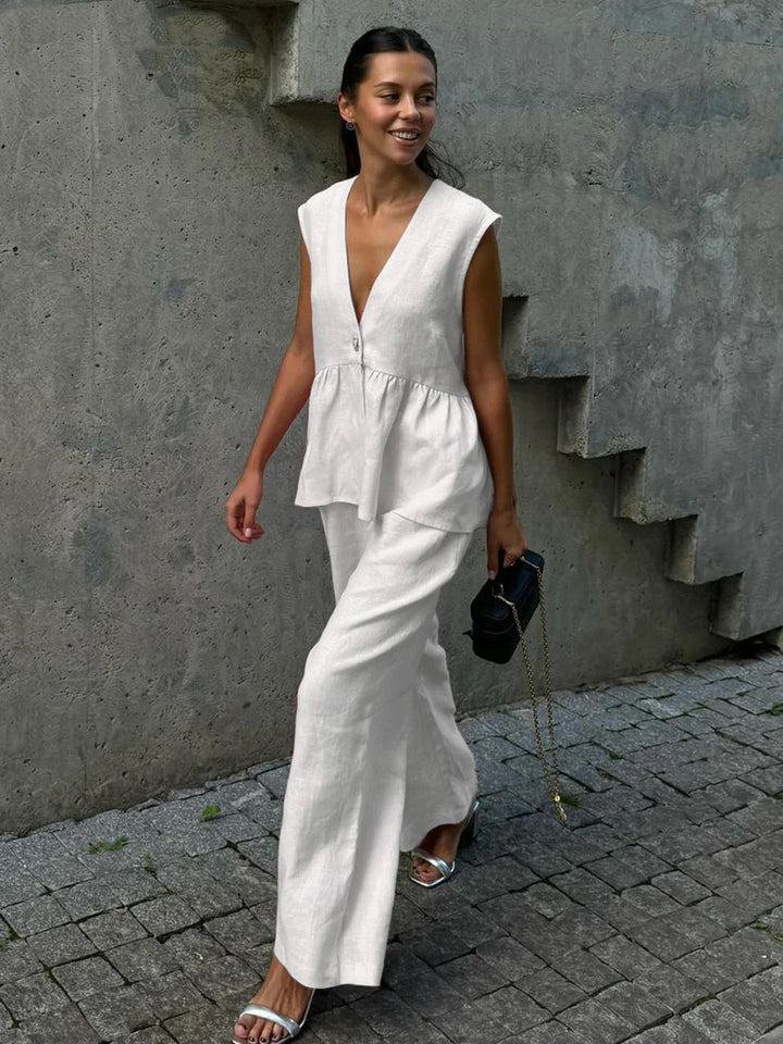 Damen luftiger Jumpsuit mit V-Ausschnitt und fließendem Schnitt Drune
