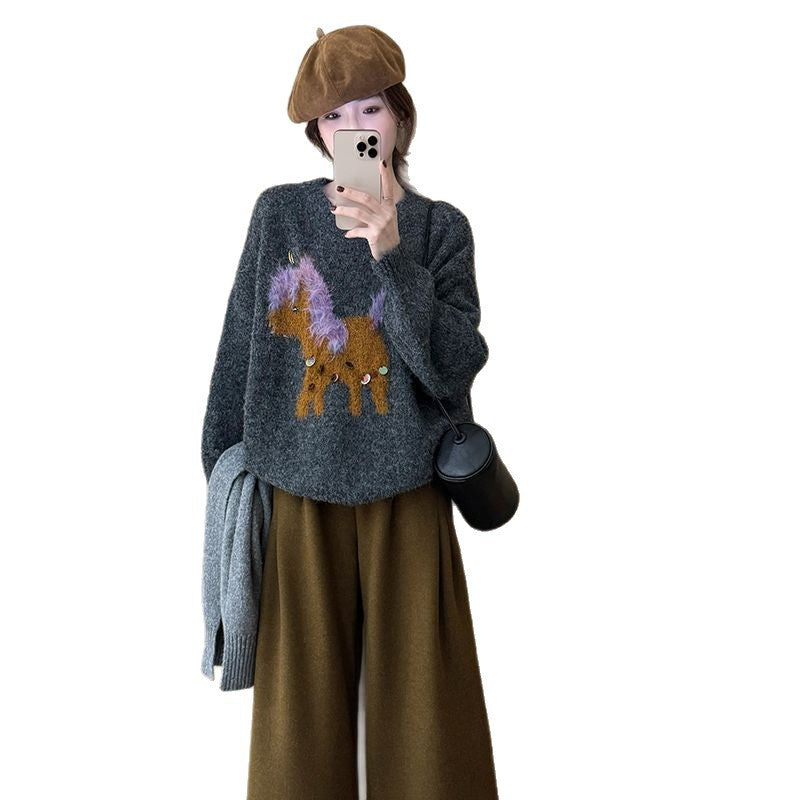 Damen Kuscheliger Pullover mit kreativer Tierapplikation Drune