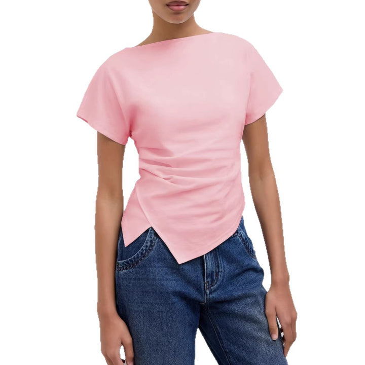 Damen Cropped T-Shirt mit asymmetrischem Schnitt und dekorativem Drapierungseffekt Drune