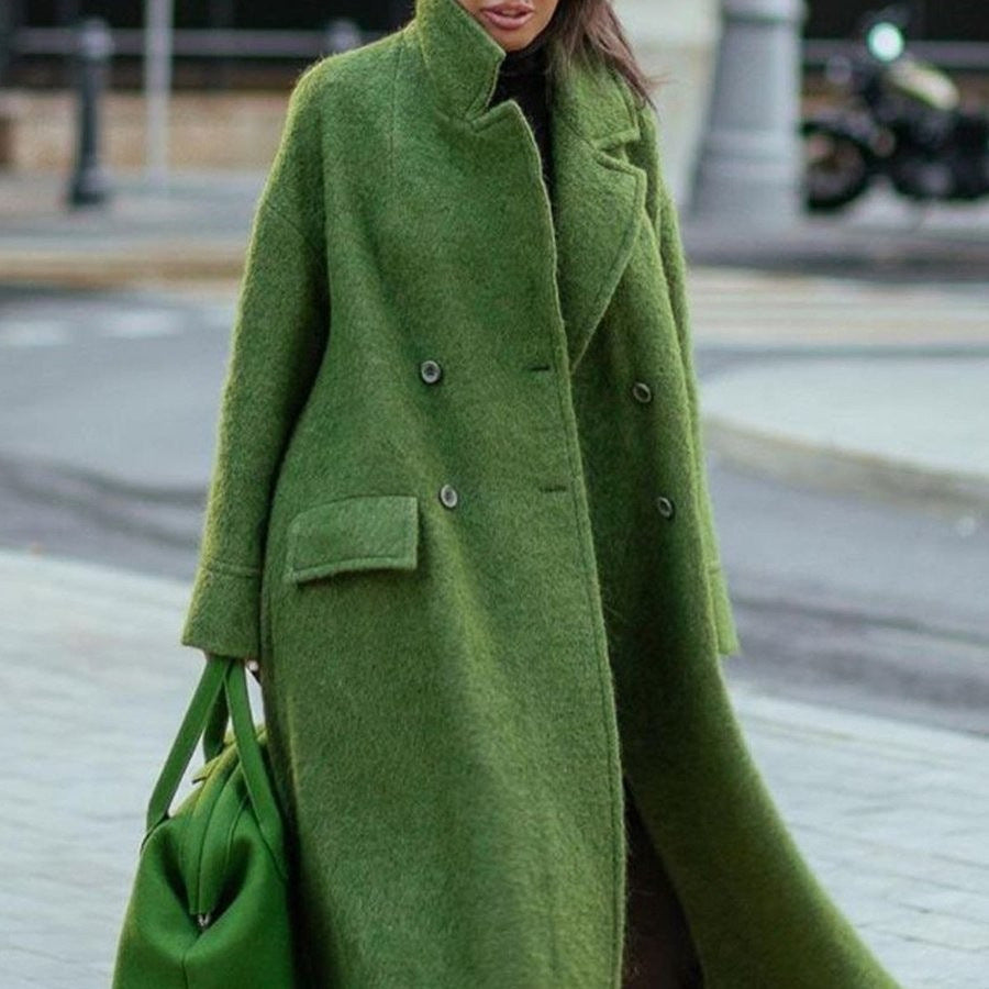 Damen nan Cape-ähnlicher doppelreihiger Wollmantel mit weitem Fall, hohem Stehkragen und Pattentaschen Drune