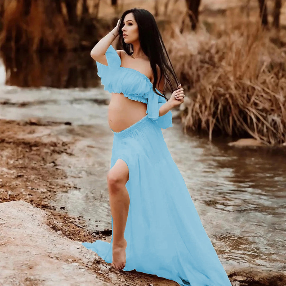 Frauen Off-Shoulder Schwangerschaft Maxi Rock Set Drune