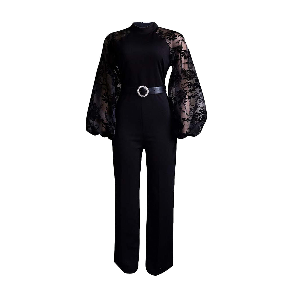 Damen Jumpsuit mit eleganten Puffärmeln und Taillengürtel Drune