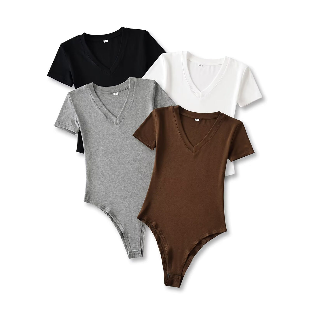 Damen Body mit tiefem V-Ausschnitt und kurzärmligem Design Drune