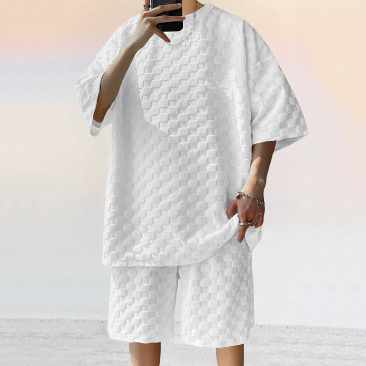 Unisex nan strukturiertes Relief-Set aus wabenartigem Jersey mit übergroßem Shirt und knielangen Shorts Drune