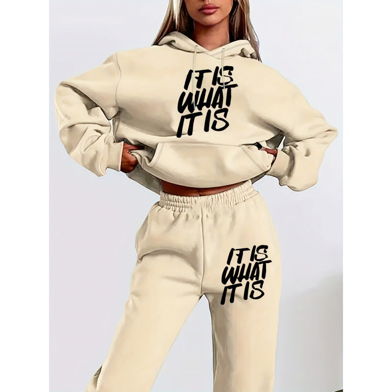 Damen Freizeit-Hoodie und Jogginghose Set mit inspirierendem Schriftzug Drune