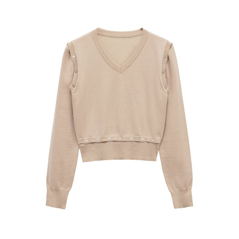 Damen Strickpullover mit V-Ausschnitt und dekorativen Knöpfen Drune