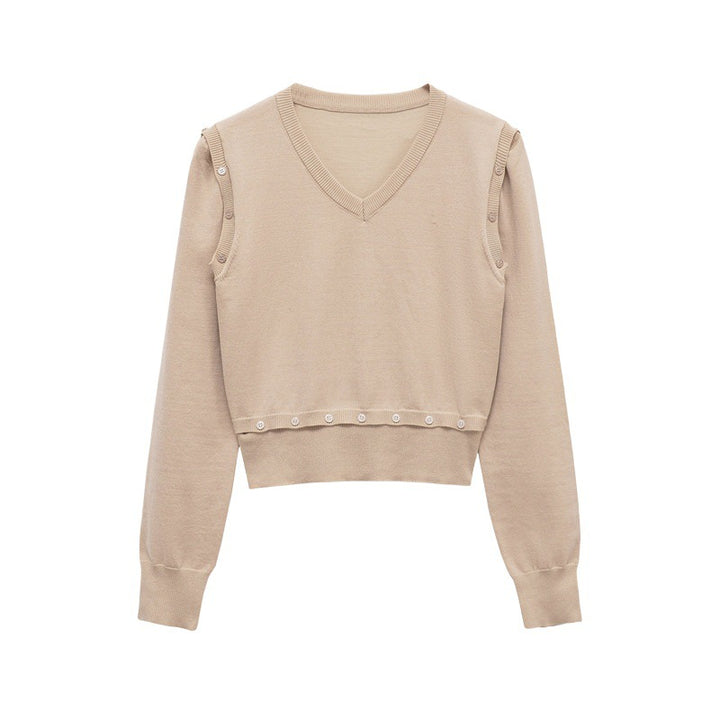 Damen Strickpullover mit V-Ausschnitt und dekorativen Knöpfen Drune