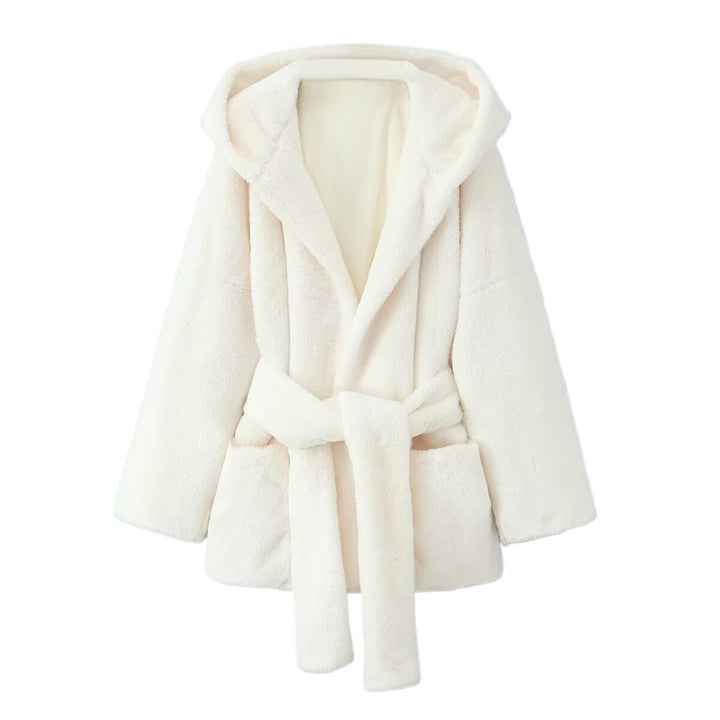 Damen kuschelige Fleecejacke mit Kapuze und Gürtel Drune