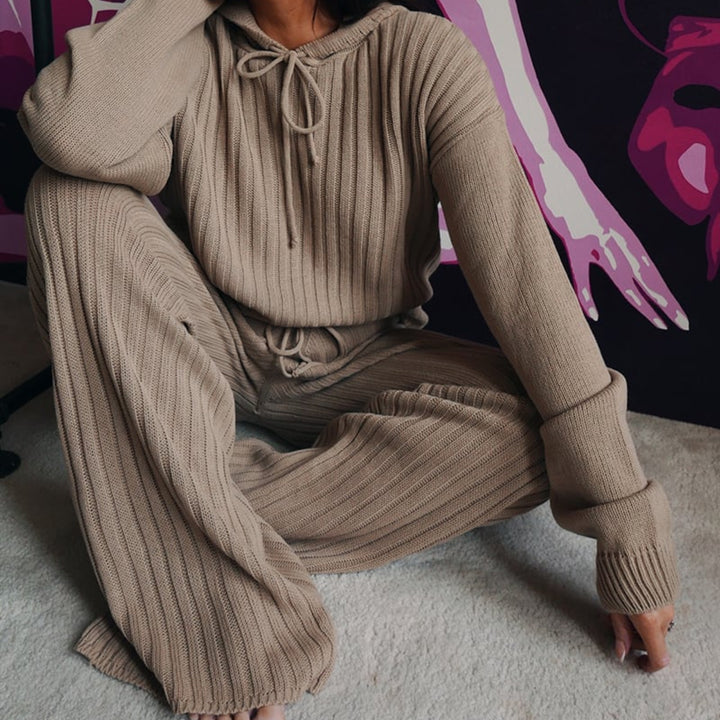 Damen kuscheliges Strick-Loungewear-Set mit Kapuze Drune
