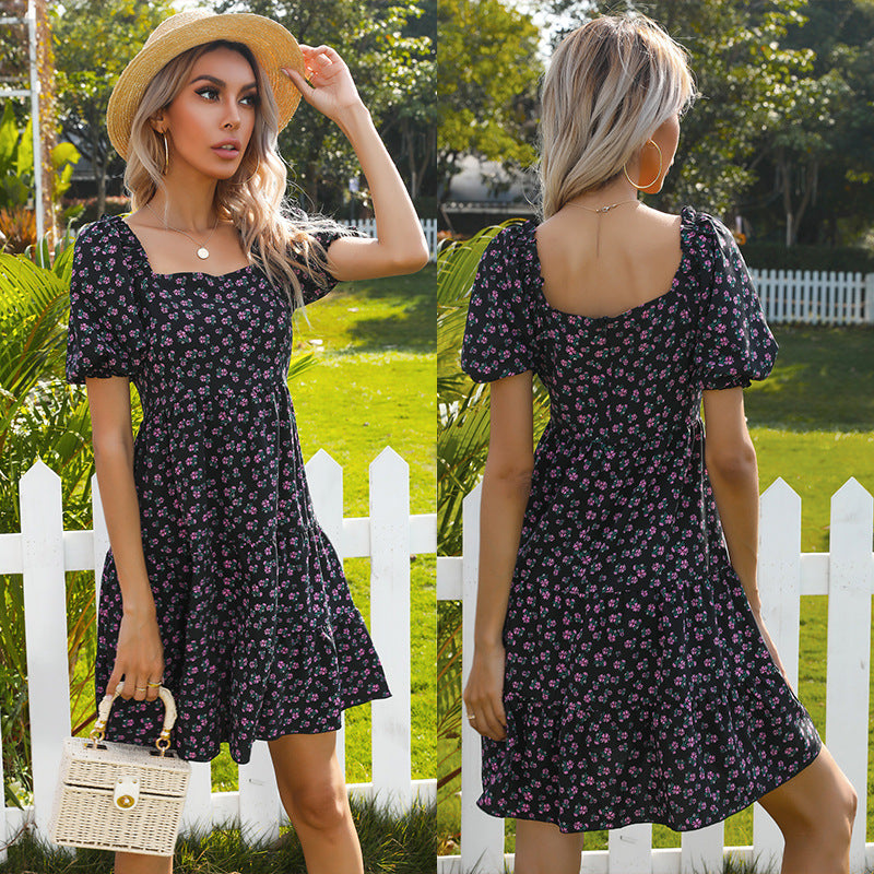 Damen Retro Blümchenkleid mit weiten Puffärmeln und voluminösem Rock Drune
