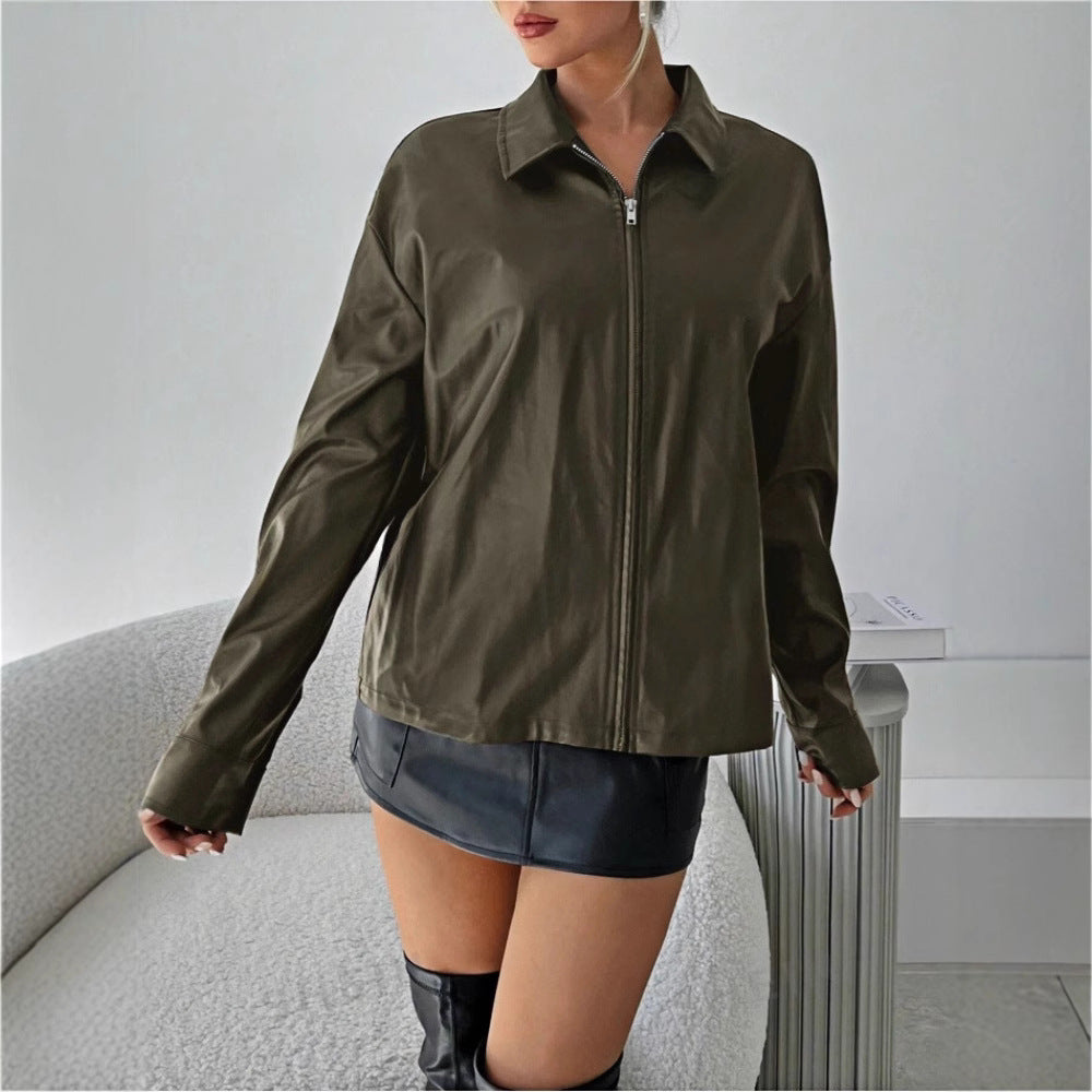 Damen leichtgewichtige Kunstlederjacke mit modernem Reißverschluss Drune