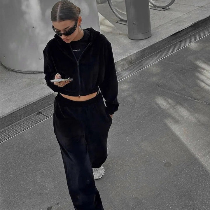 Damen nan Samt-Trainingsanzug zweiteilig mit cropped Kapuzenjacke und hoher Taille Jogginghose Drune