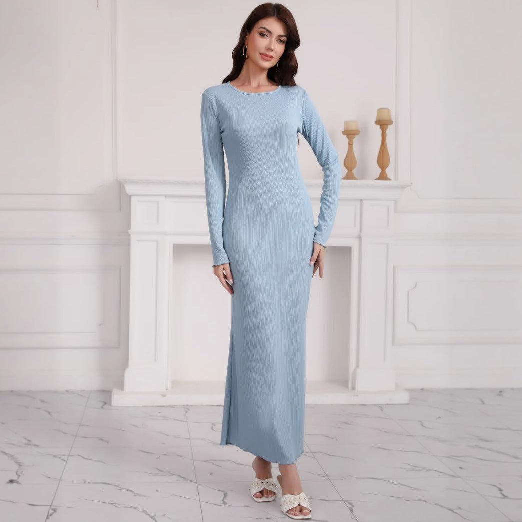 Damen Langarm Maxikleid aus hochwertigem Rippstrickstoff mit elegantem Schlitz Drune