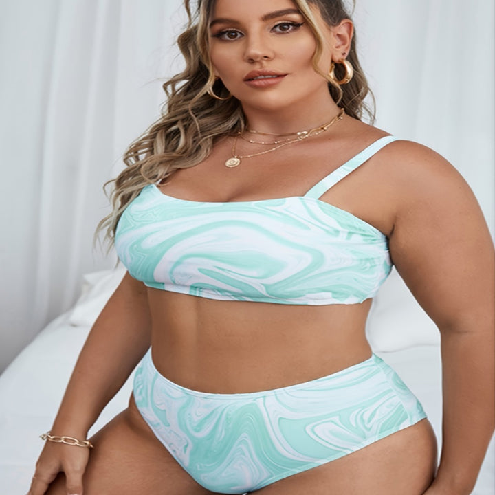 Damen Hochgeschnittenes Bikini-Set mit modernem Marmor-Design Drune