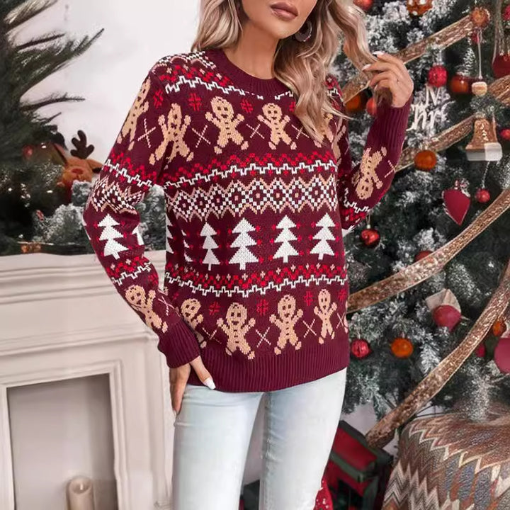 Damen festlicher Weihnachtspullover mit verspieltem Lebkuchenmotiv und klassischem Rundhalsausschnitt Drune
