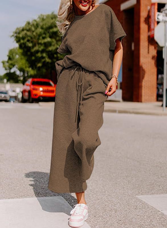 Damen lässiges Jumpsuit-Set aus weichem Material mit elastischem Bund und weit geschnittenen Beinen Drune