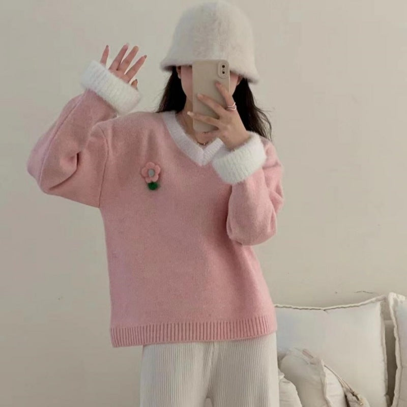 Damen Viscose Pullover mit V-Ausschnitt und Blumenstickerei Drune