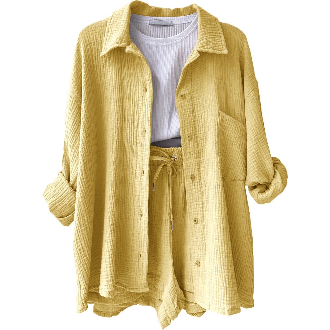 Damen lässiges Komfort-Set aus kurzem Top und Oversized-Hemd Drune