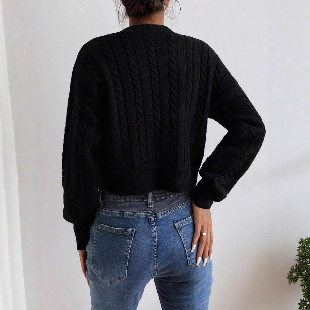 Damen Eleganter V-Ausschnitt Strickpullover mit strukturiertem Zopfmuster Drune