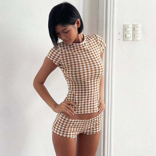 Damen Kurzarm-Oberteil und Shorts-Set im Karo-Design Drune