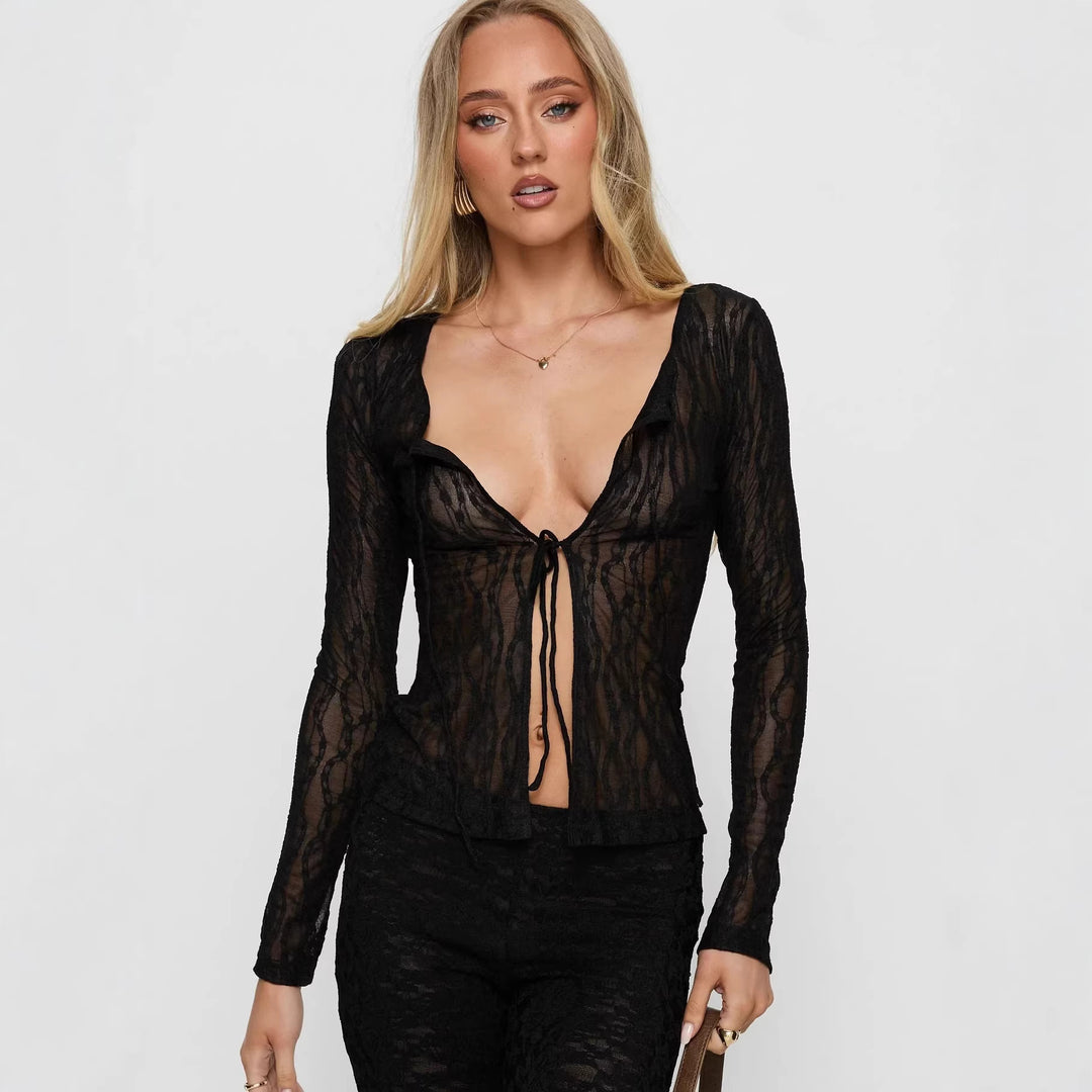 Damen Transparente Spitzenbluse mit tiefem V-Ausschnitt und Bändern Drune