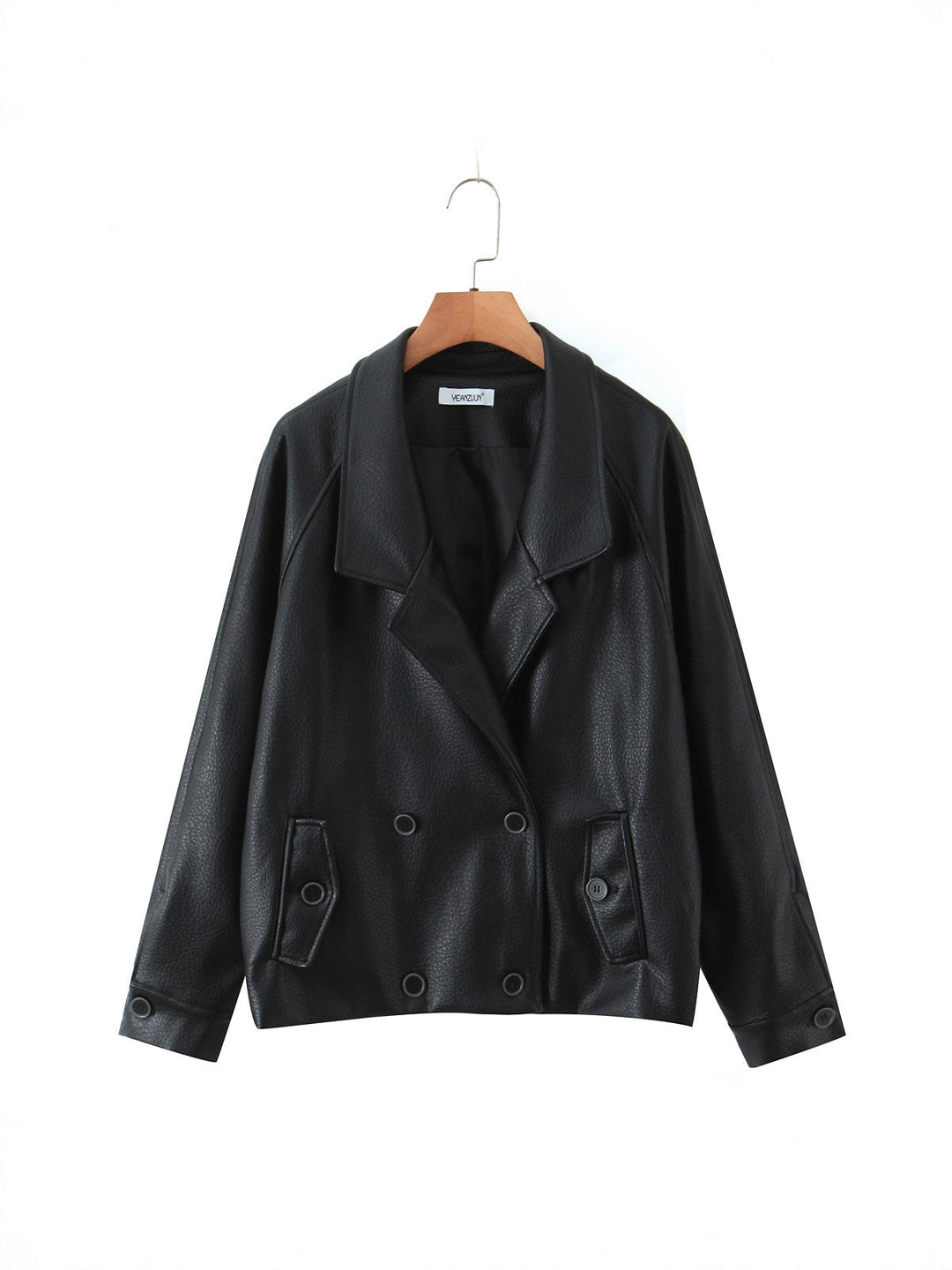 Damen modische Kunstlederjacke mit doppelter Knopfleiste und großem Revers Drune