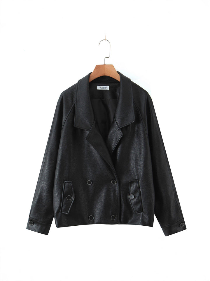 Damen modische Kunstlederjacke mit doppelter Knopfleiste und großem Revers Drune