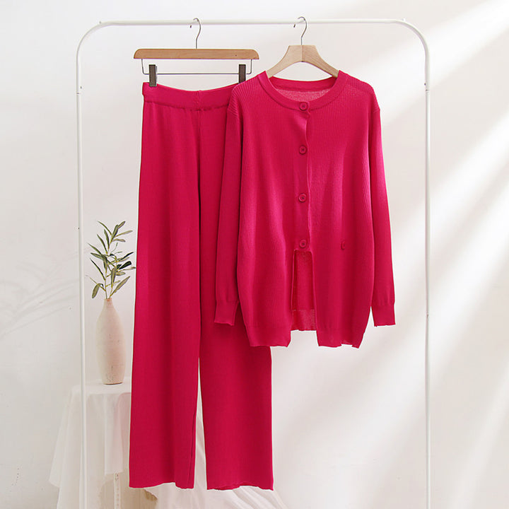 Damen strickendes Loungewear-Set mit feinem Rippmuster und herausragenden Knopfdetails Drune