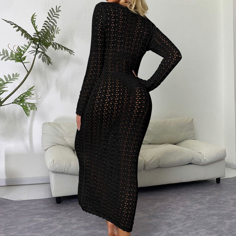 Damen luftiges Häkel-Strandkleid mit V-Ausschnitt und Schnüroptik Drune