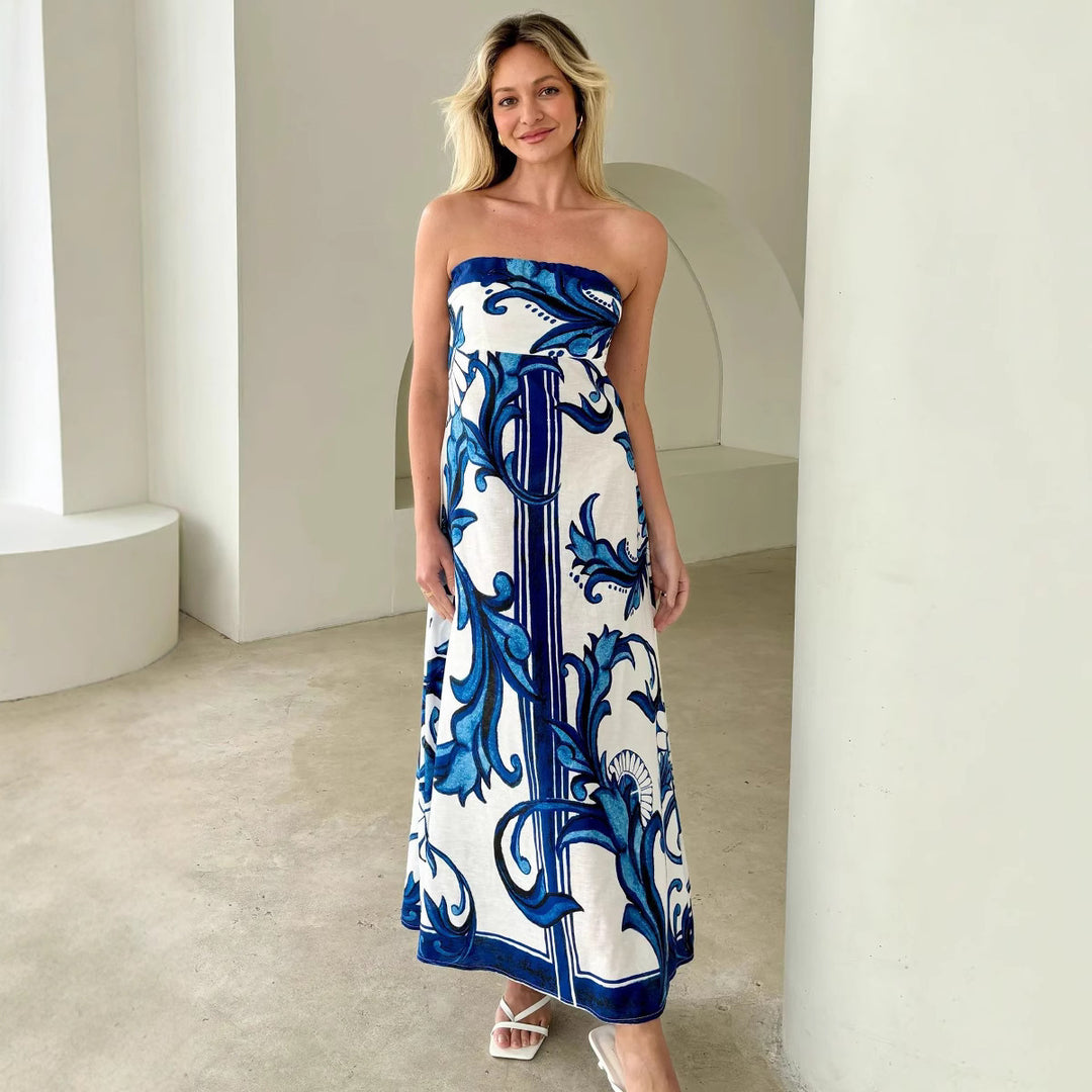 Damen Bandeau Maxikleid mit elegantem floralem Druck und fließendem Schnitt Drune