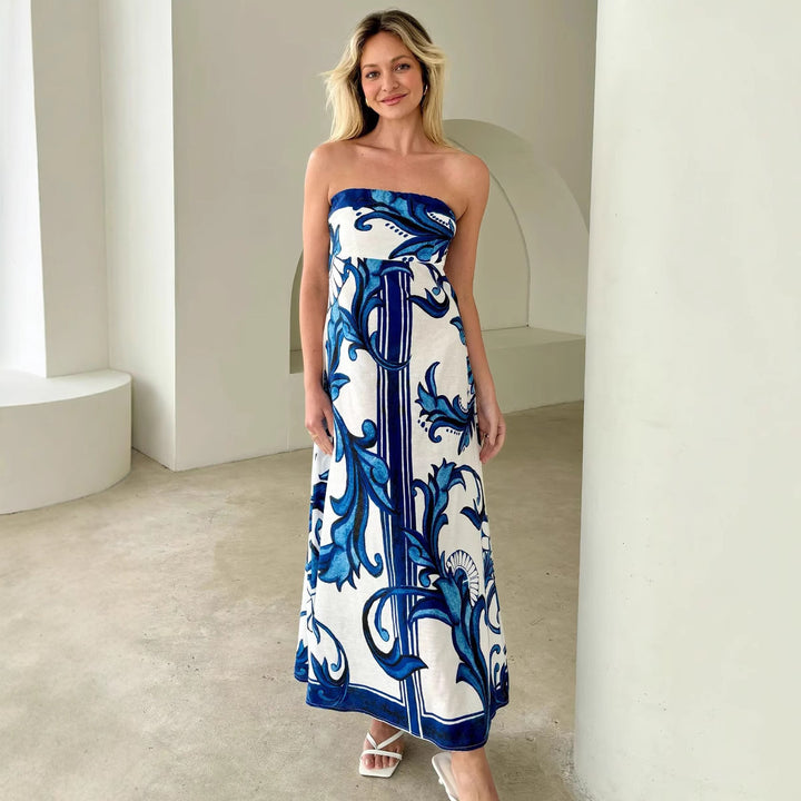 Damen Bandeau Maxikleid mit elegantem floralem Druck und fließendem Schnitt Drune