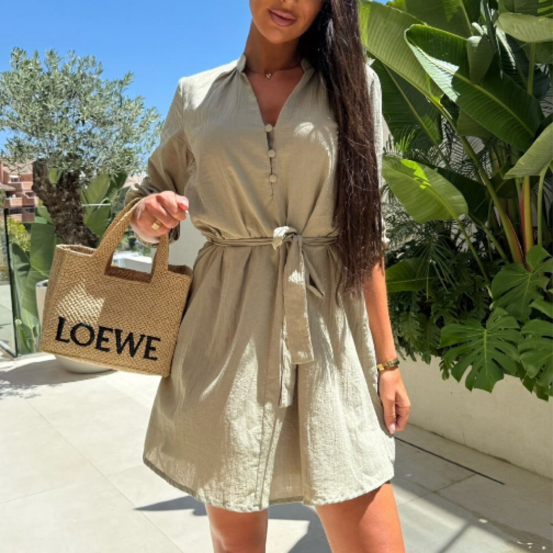 Damen Hemdblusenkleid mit taillierbarem Gürtel und verspielten Puffärmeln Drune