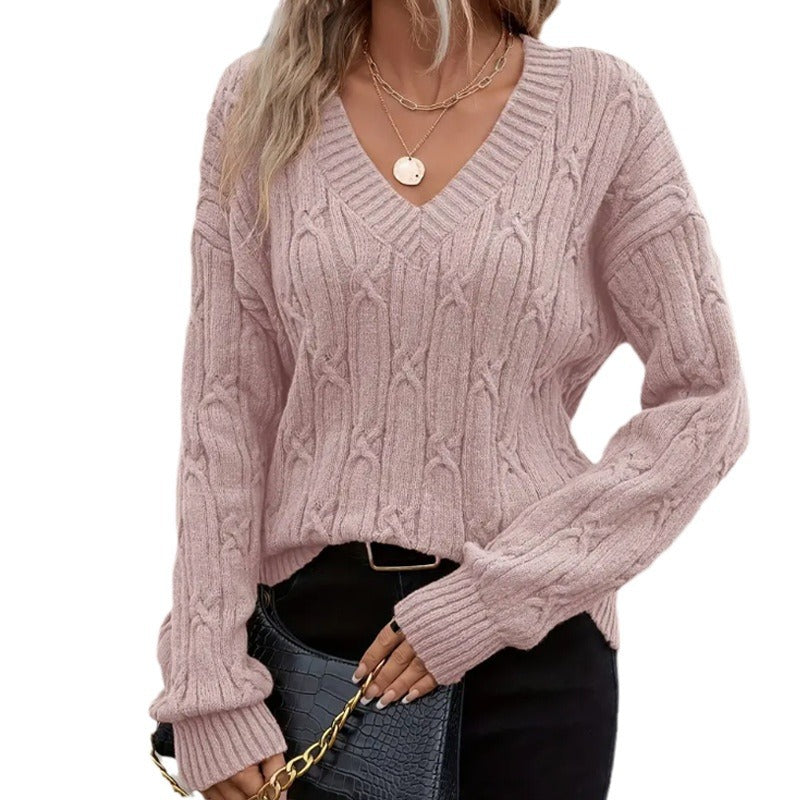 Damen Großer Strickpullover mit lässigem V-Ausschnitt und feinem Zopfmuster Drune