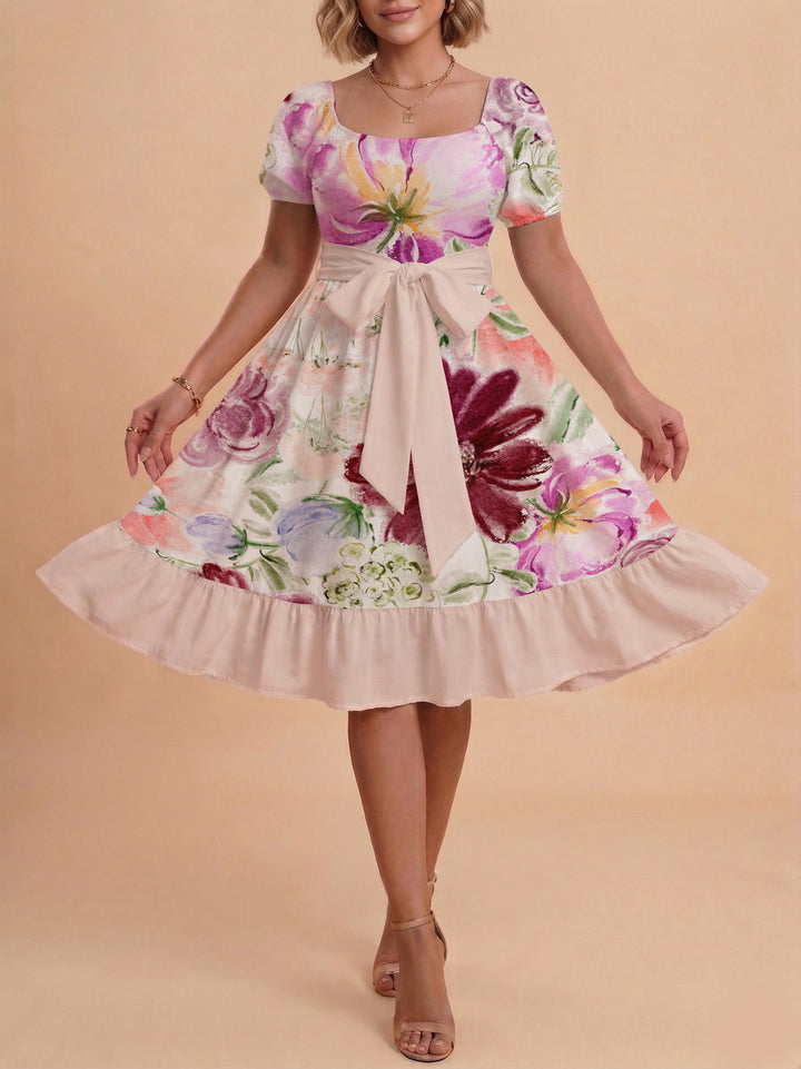 Damen Blumenkleid mit taillierbarem Gürtel und voluminösen Ärmeln Drune