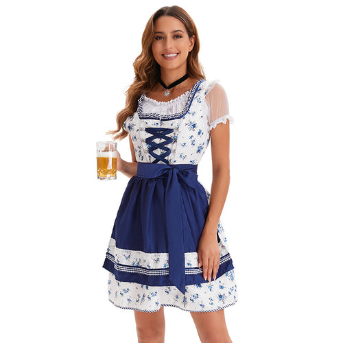 Damen nan kurzes Trachtenkleid im bayerischen Stil mit geschnürtem Mieder, Spitzenkragen und Schürzenrock Drune