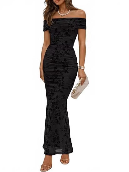 Damen elegantes Off-Shoulder Maxikleid mit floralem Muster und elastischem Einsatz Drune
