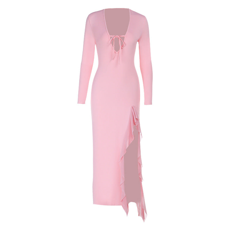 Damen Langarm Maxi Kleid mit tiefem V-Ausschnitt und verspieltem Schlitz Drune