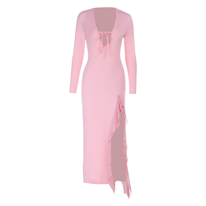 Damen Langarm Maxi Kleid mit tiefem V-Ausschnitt und verspieltem Schlitz Drune