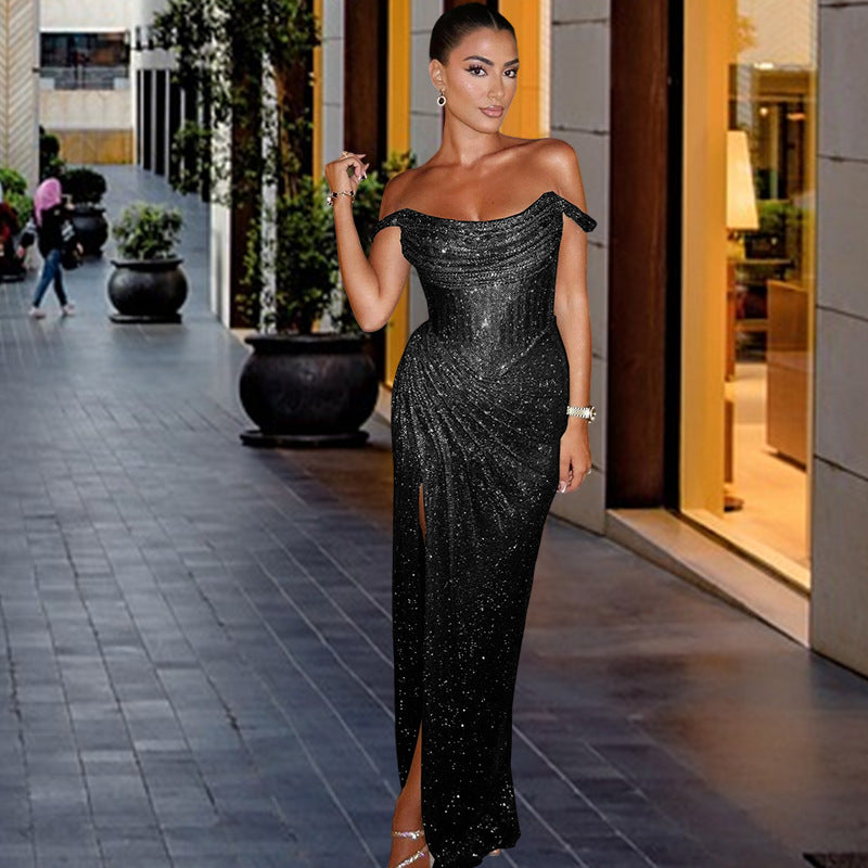 Damen Elegantes Abendkleid mit schimmerndem Schmuckdetail und drapiertem Rock Drune