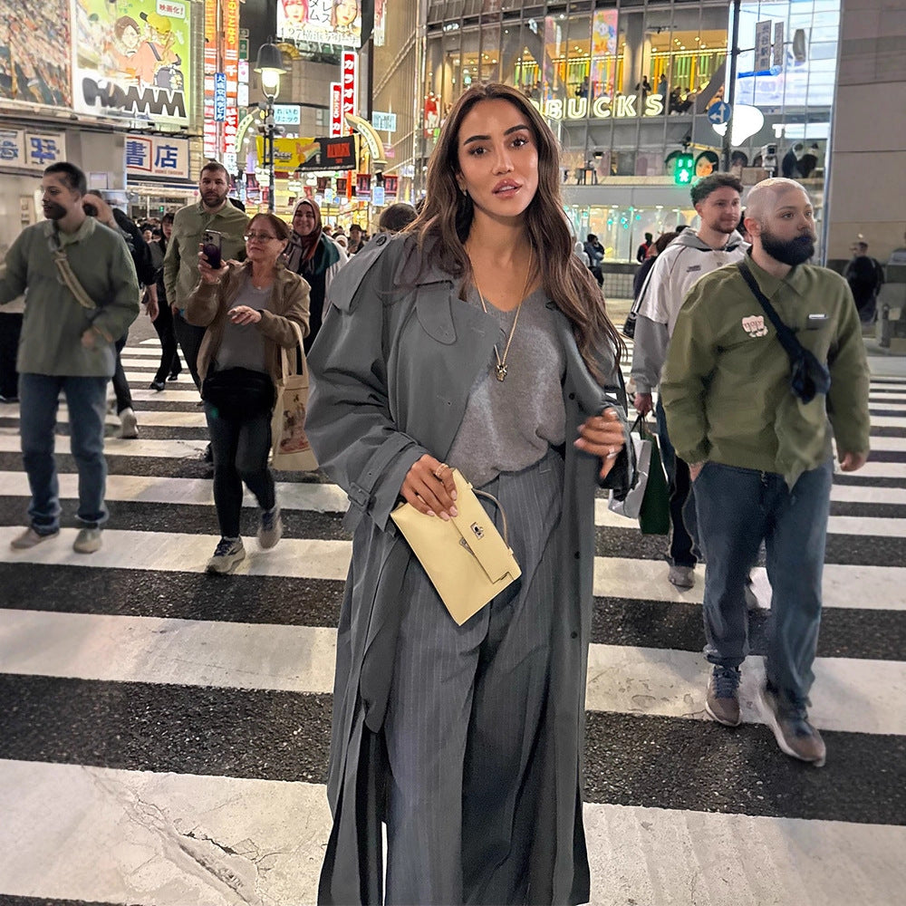 Damen eleganter Long-Trenchcoat mit strukturiertem Design und breitem Revers Drune