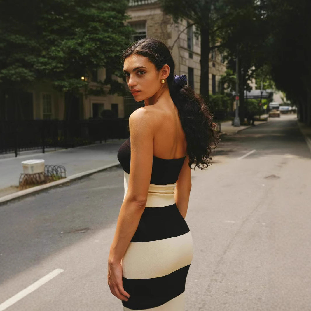 Damen schickes Bandeau-Maxikleid mit grafischem Streifenmuster und figurbetontem Schnitt Drune