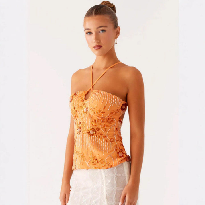 Damen Glitzerndes Bustier-Oberteil mit floralem Design und funkelnden Applikationen Drune