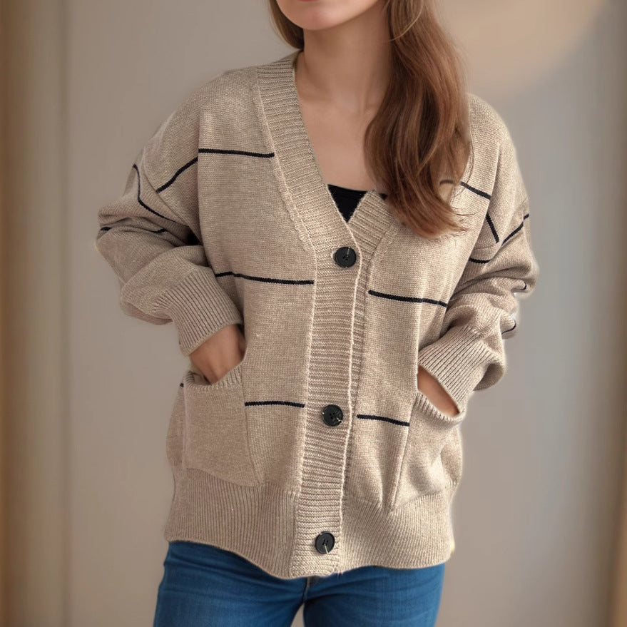 Damen lässige Strickjacke mit praktischen Taschen und modischen Kontraststreifen Drune