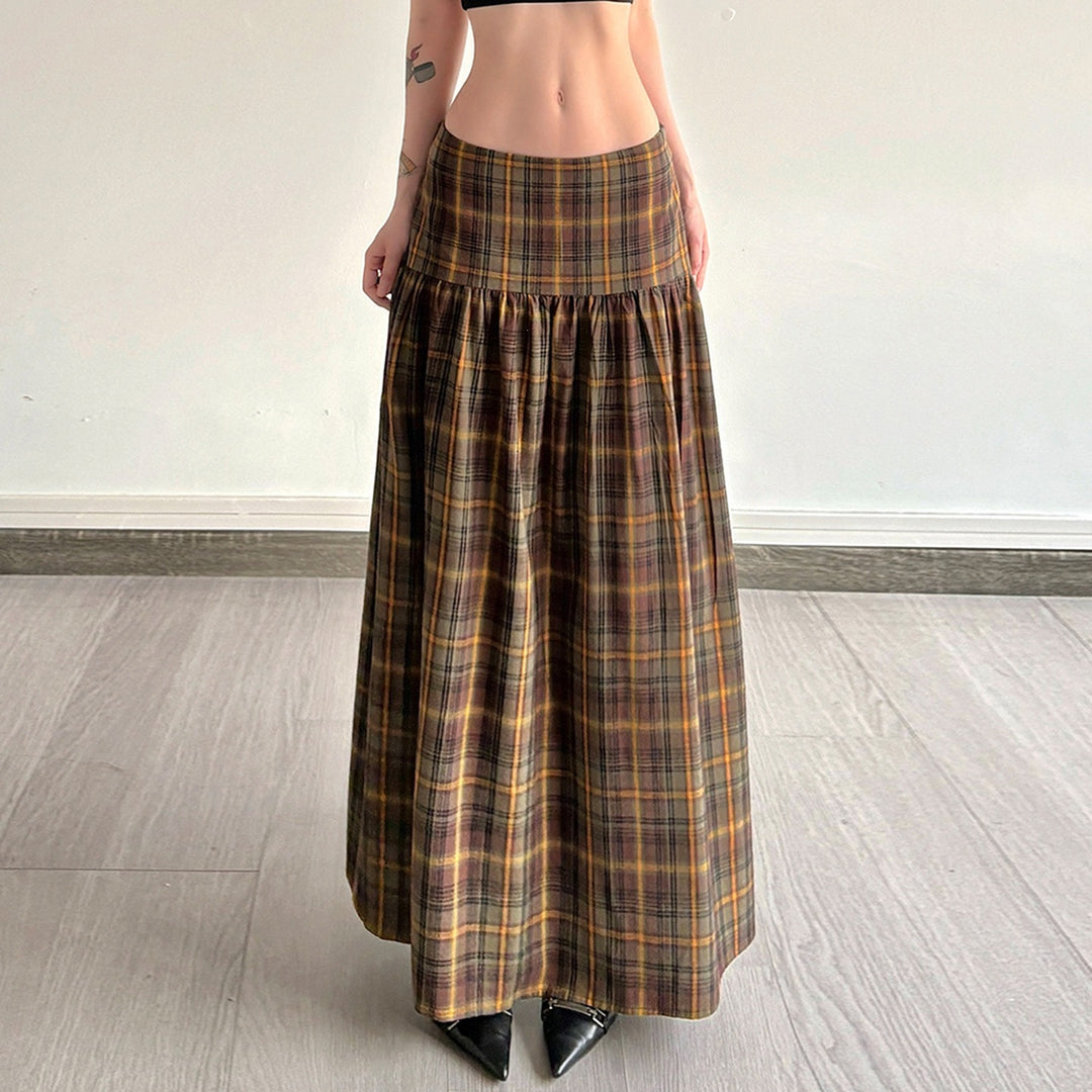 Damen Karierter Midirock mit hohem Taillenbund und voluminösem Schnitt Drune