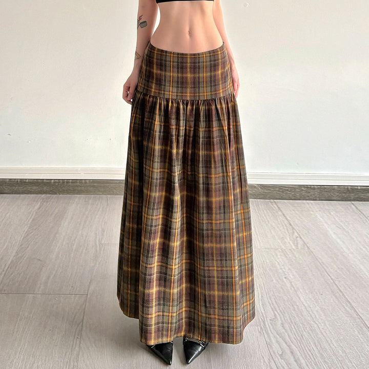 Damen Karierter Midirock mit hohem Taillenbund und voluminösem Schnitt Drune
