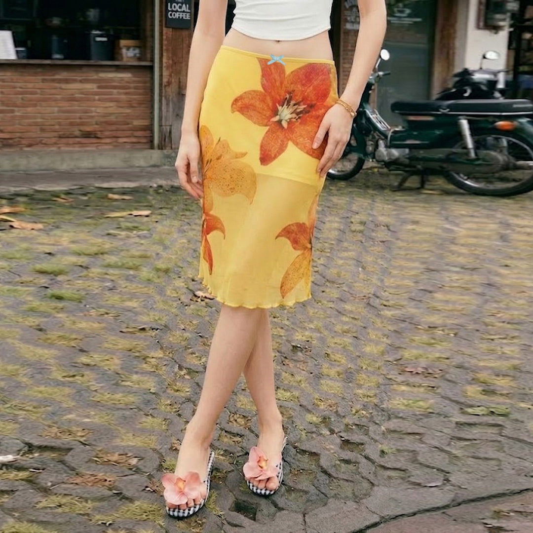 Damen Midi-Rock mit floralem Chiffon und elastischem Bund Drune